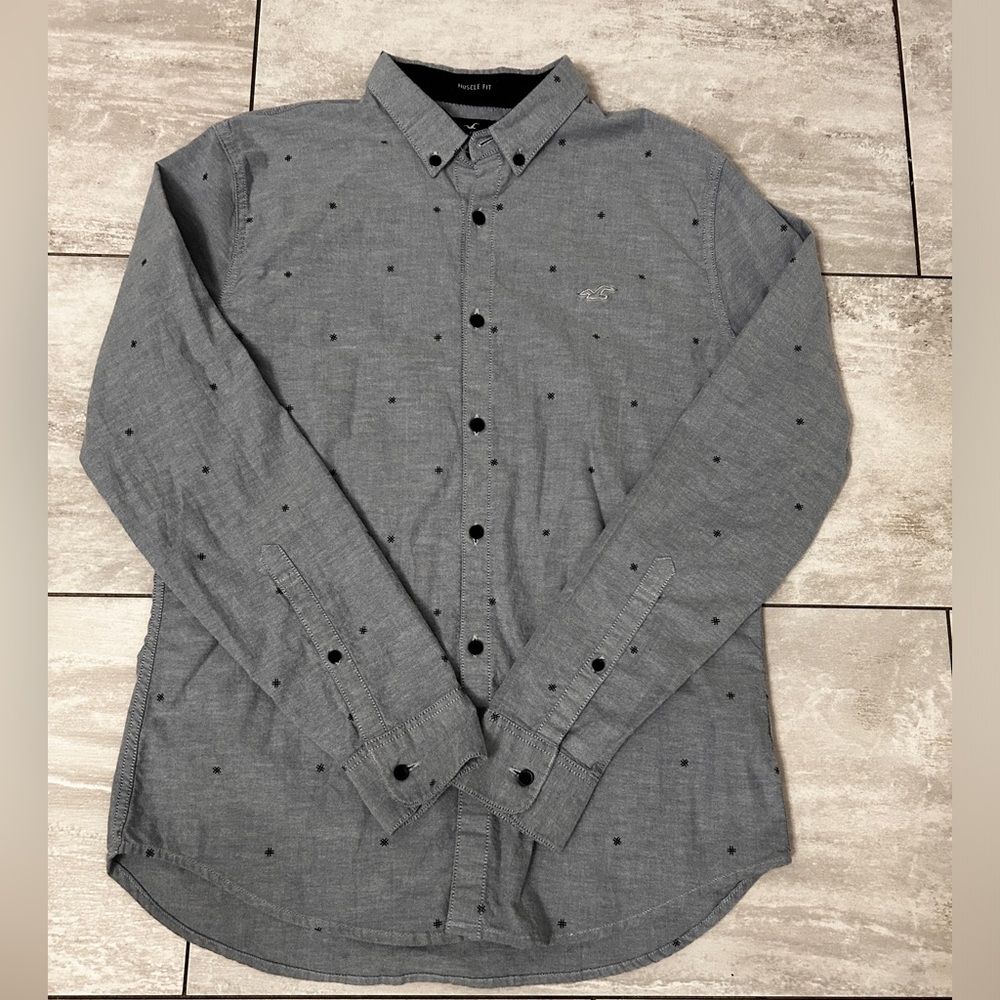 Hollister button down muscle fit grey long sleeve shirt size Large epic flex str